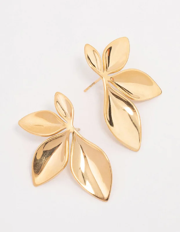 Oval dangle earrings-Waterproof Gold Plated Stainless Steel Leaf Cluster Stud Earrings