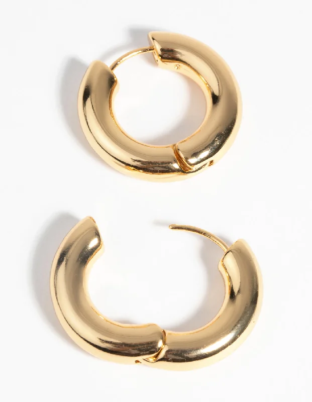 Thick tier earrings-Gold Plated Round Huggie Hoop Earrings