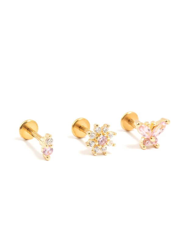 Worn medallion earrings-Gold Plated Surgical Steel Butterfly & Flower Flat Backs 3-Pack