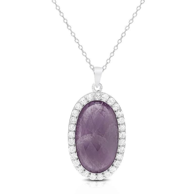 Linen cord necklaces-Dolce Giavonna Sterling Silver Oval Gemstone and Cubic Zirconia Necklace