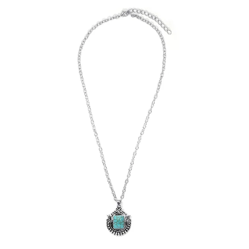 Haze glass necklaces-Silver Plated Simulated Turquoise Crest Pendant Necklace