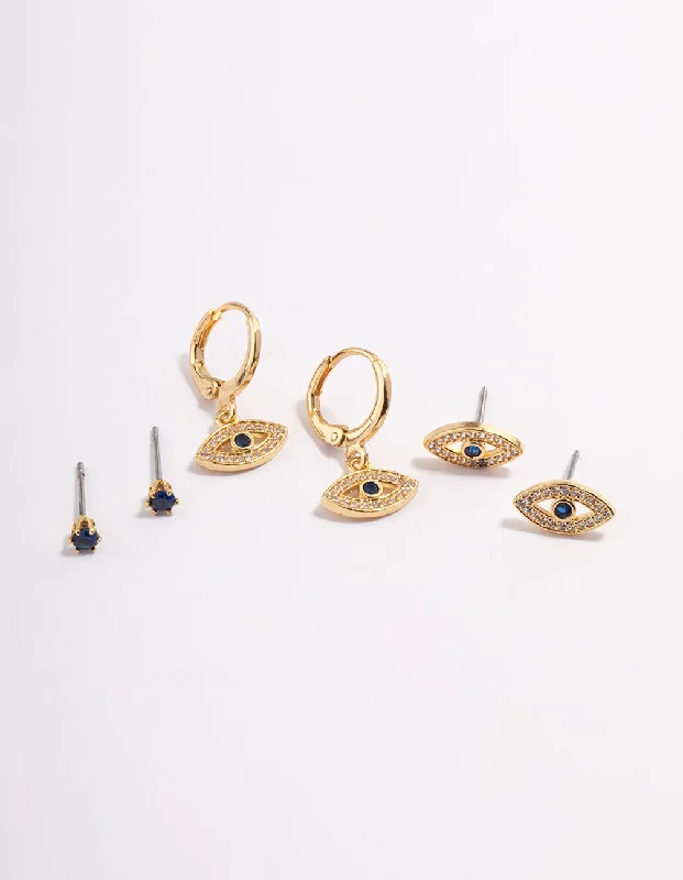 Fine bead earrings-Gold Plated Brass Double Evil Eye Earrings Pack