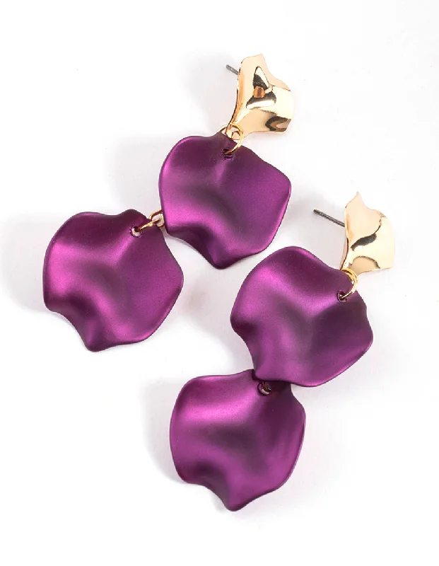 Silk cord earrings-Purple Warp Double Petal Drop Earrings