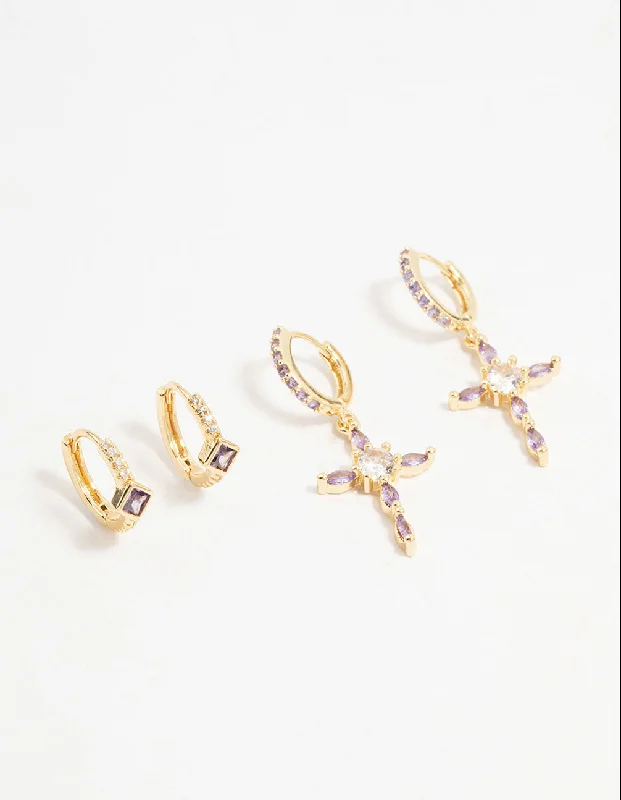 Wave design earrings-Gold Plated Lilac Cubic Zirconia Cross Huggie Earrings 2-Pack