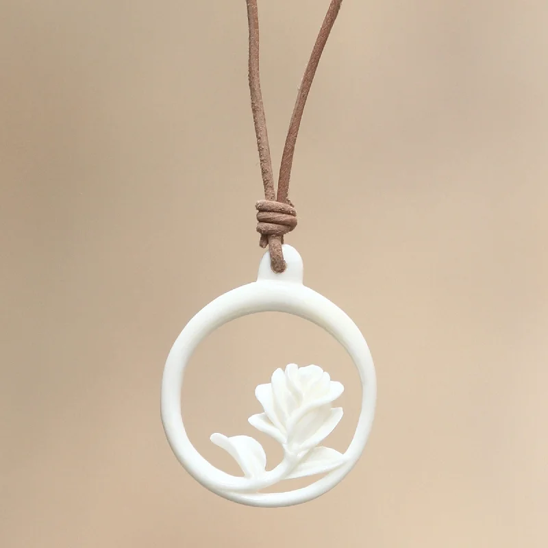 Chunky gem necklaces-Handmade Leather 'White Rose' Necklace (Indonesia)