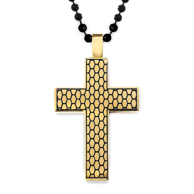 Zodiac charm necklaces-Men's Geometric Textured Cross Two Tone Stainless Steel Necklace - 24"