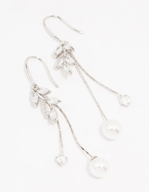 Flat badge earrings-Silver Cubic Zirconia Leaf & Pearl Drop Earrings