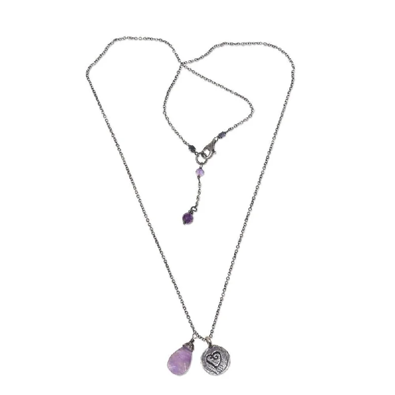 Wide chain necklaces-Sterling Silver 'Inspiring Heart' Amethyst Necklace - 7'6" x 9'6"