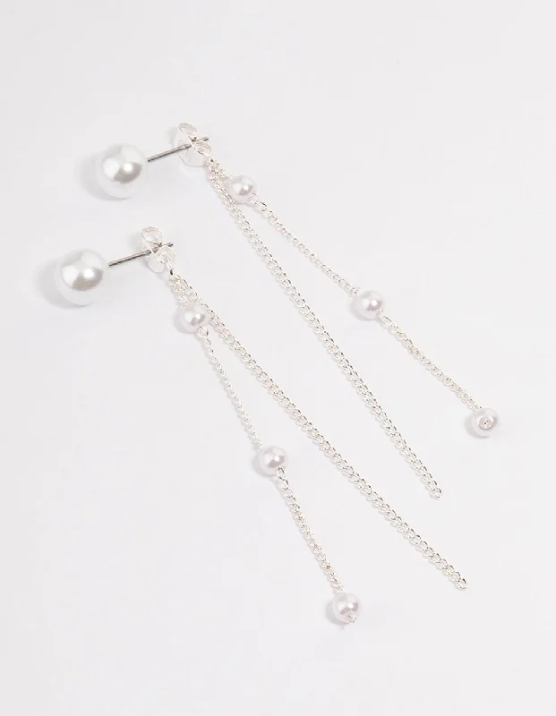 Lily motif earrings-Silver Pearl Cupchain Sandwich Drop Earrings