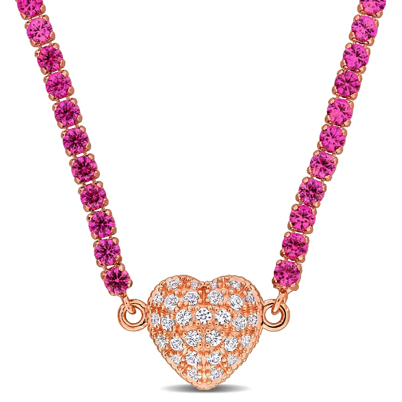 Bold cross necklaces-Miadora 16 4/5ct TGW Created Pink Created White Sapphire Heart Necklace in Rose Silver-17 in