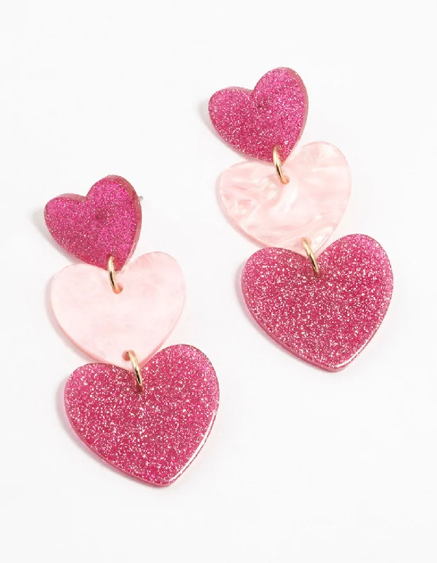 Vivid druzy earrings-Triple Pink Acrylic Glitter Heart Drop Earrings