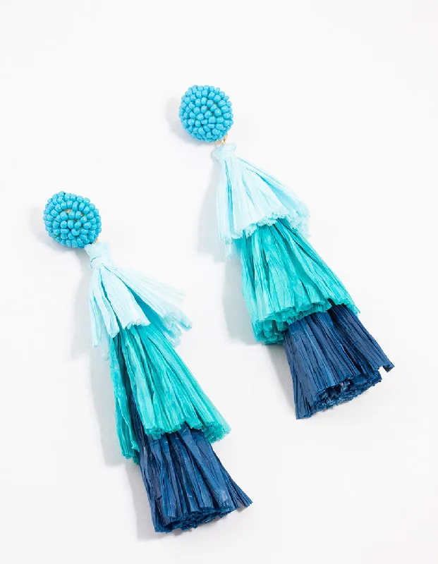 Wave design earrings-Layered Blue Raffia Tassel Drop Earrings