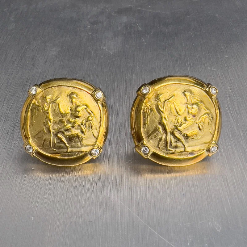 Curved design earrings-1980's Athena Greek Cameo 18k Yellow Gold Diamond Clip On Earrings 0.30ctw G VS