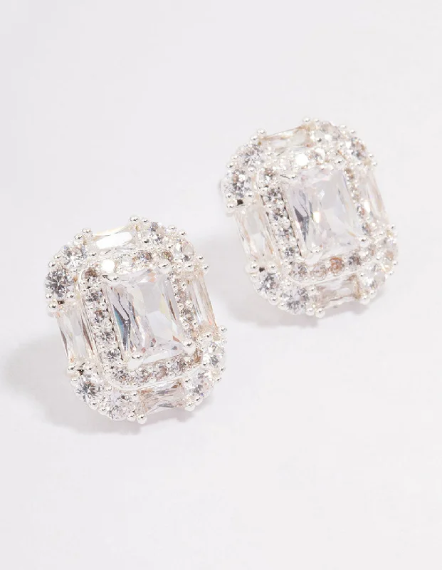 Astro charm earrings-Silver Multi Cubic Zirconia Square Stone Stud Earrings