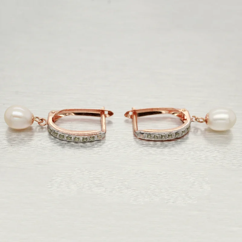 Morganite stud earrings-Vintage Cabochon Pearl Drop Dangle Earrings - 10k Rose Gold - Leverback