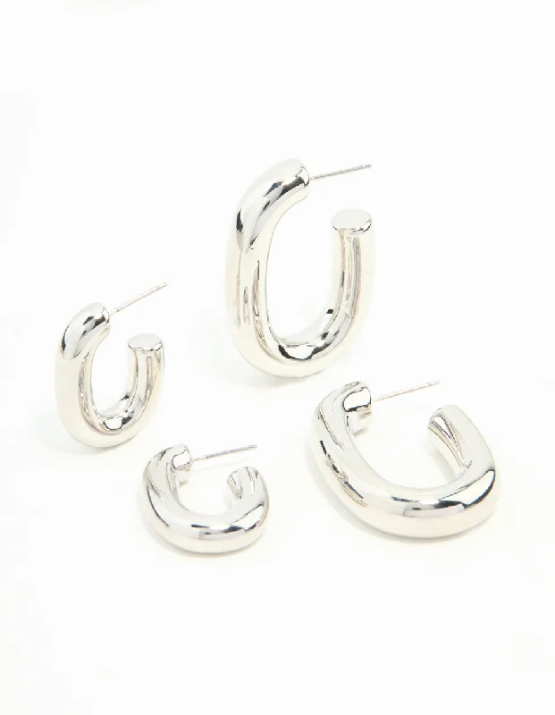 Coiled cord earrings-Silver Rectangle Shaped Smooth Hoops 2-Pack