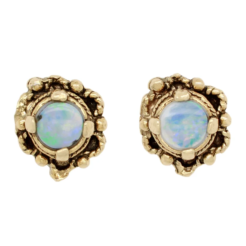 Surf theme earrings-Antique Art Deco Opal Stud Earrings - 14k Yellow Gold Floral Shape