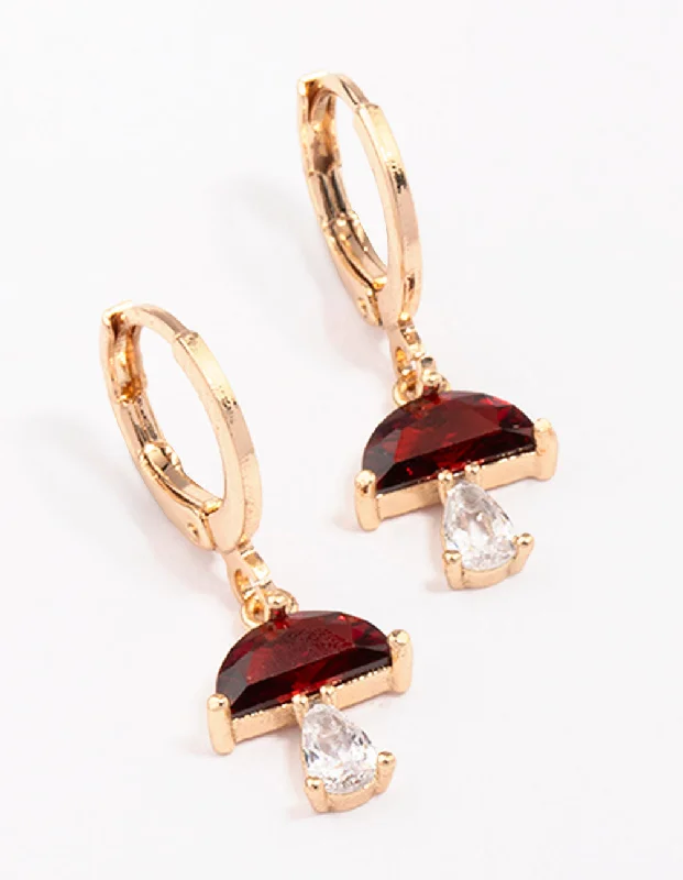 Thick tier earrings-Gold Ruby Mushroom Drop Huggie Hoop Earrings