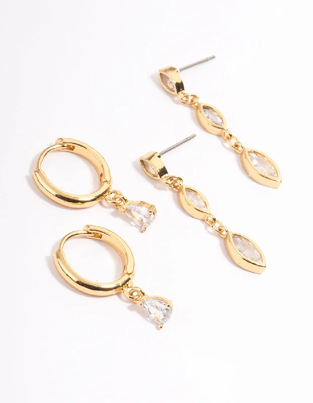 Rough texture earrings-Gold Plated Teardrop Cubic Zirconia Stud Earrings Pack