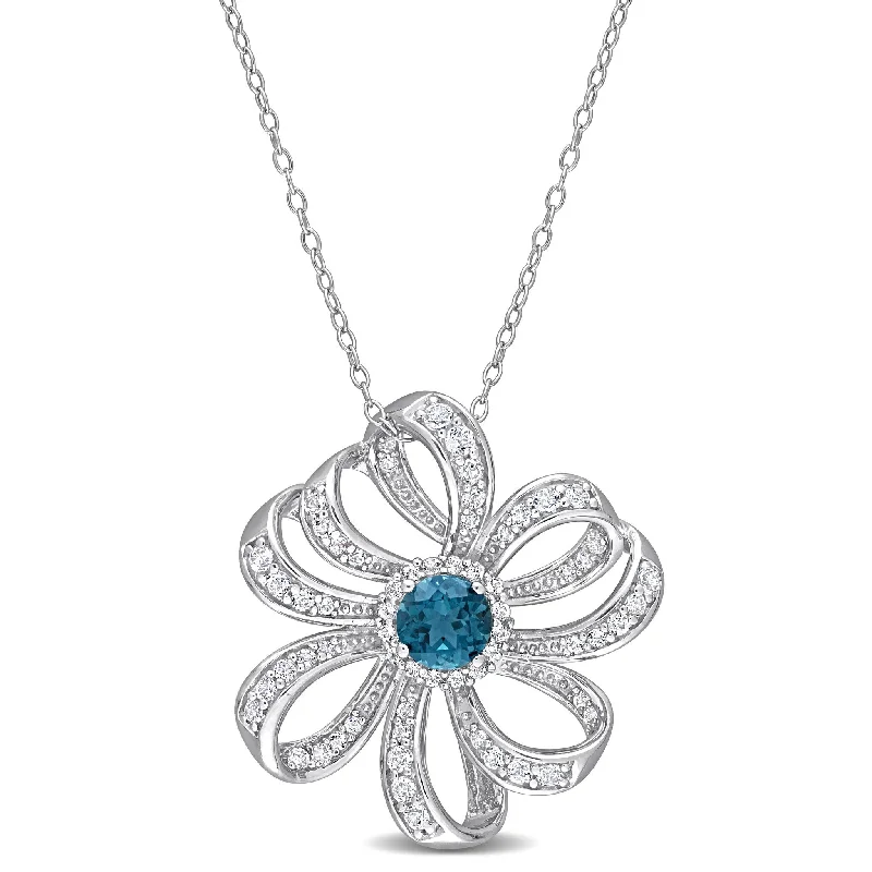 Fine bead necklaces-Miadora 2 1/4ct TGW London Blue Topaz White Topaz Flower Necklace Sterling Silver