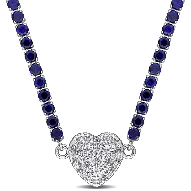 Topaz drop necklaces-Miadora 16 4/5ct TGW Created Blue Created White Sapphire Heart Necklace in Sterling Silver-17 in