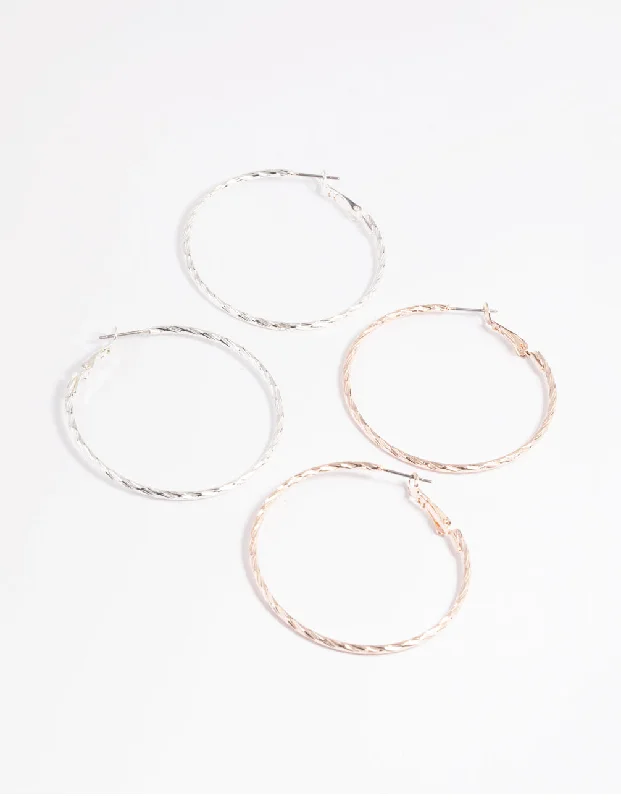 Light drop earrings-Mixed Metal Textured Hoop Earring Set