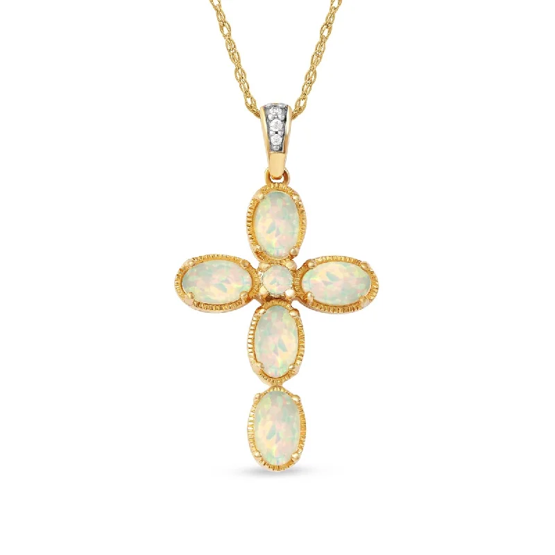 Thick bar necklaces-Opal Gemstone 1/20ct TDW Diamond Cross Pendant Necklace in 10k Yellow Gold