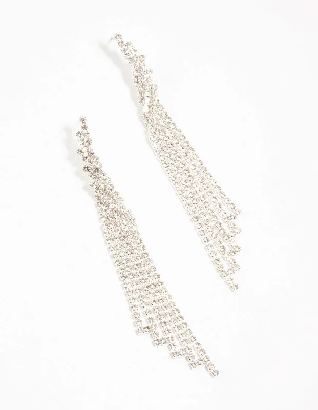 Bamboo style earrings-Twisted Diamante Cup Chain Drop Silver Earrings