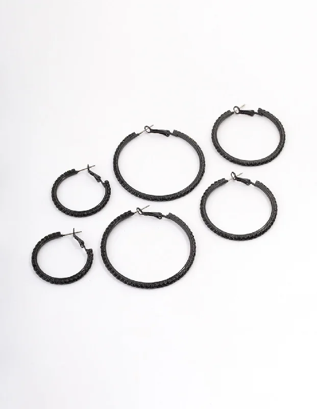 Subtle dangle earrings-Coated Black Mixed Diamante Hoop Earrings