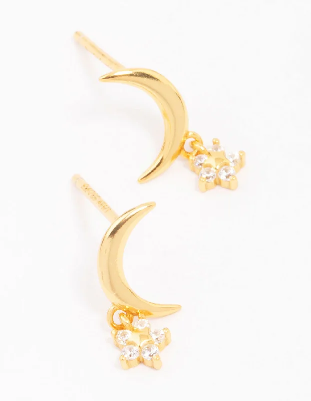 Reef knot earrings-Gold Plated Sterling Silver Moon & Star Stud Earrings