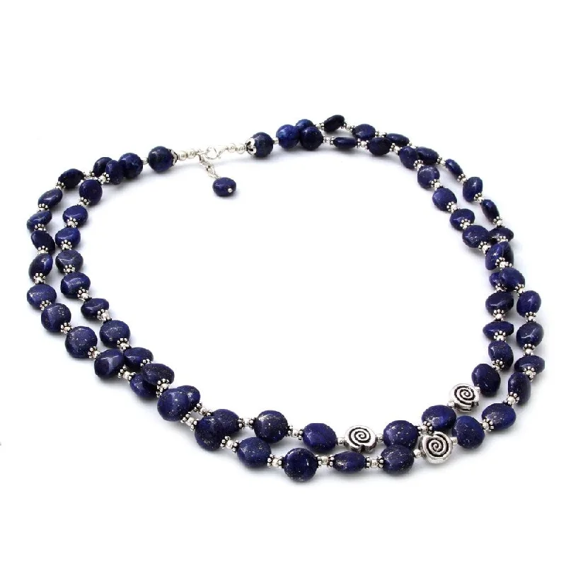 Amethyst pendant necklaces-Handmade Sterling Silver Midnight Breeze Lapis Lazuli Necklace (India) - 7'6" x 9'6"