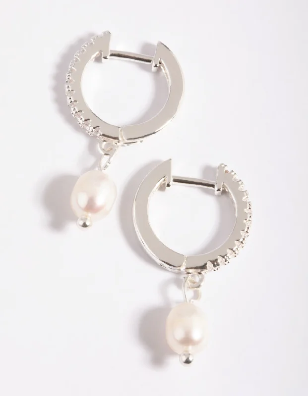 Flat knot earrings-Silver Plated Brass  Cubic Zirconia Pearl Huggie Hoop Earrings