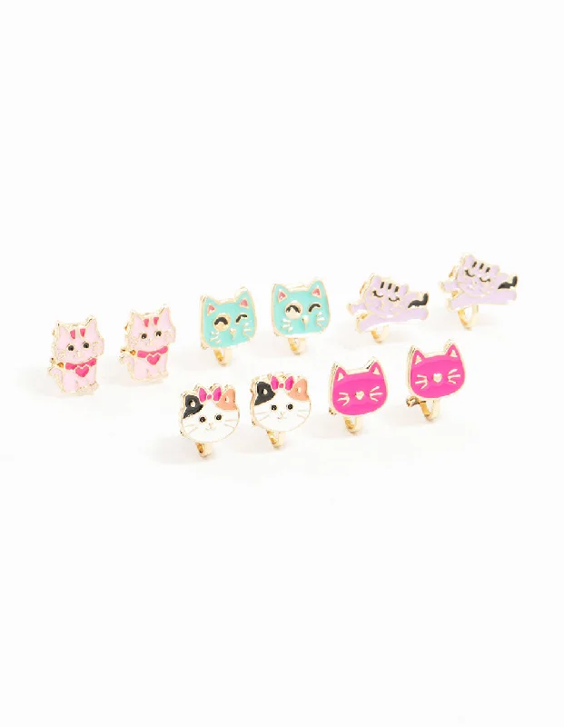 Morganite stud earrings-Kids Gold Cat Clip On Earrings 5-Pack