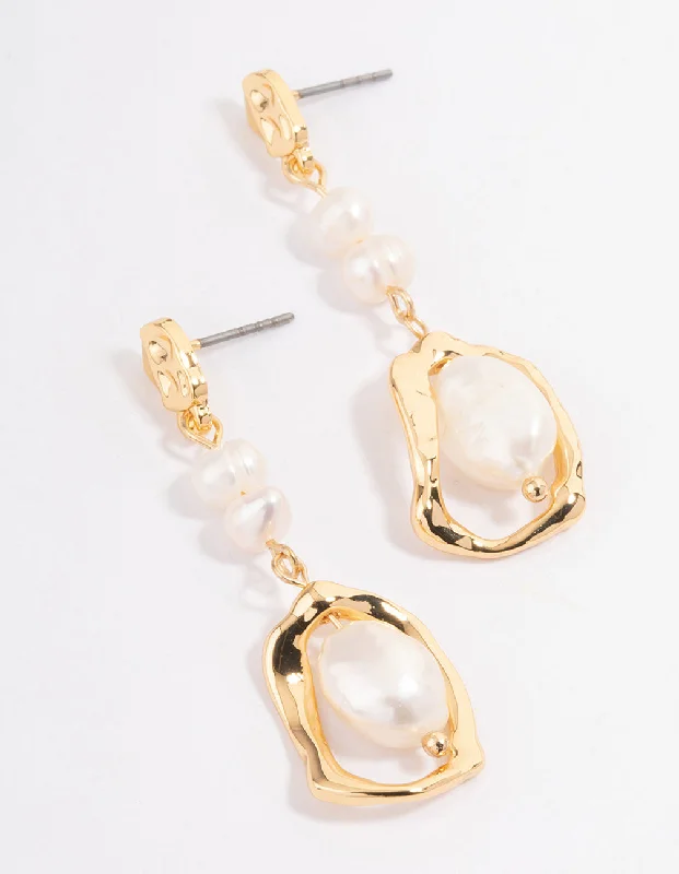 Onyx gem earrings-Gold Plated Irregular Freshwater Pearl Drop Earrings