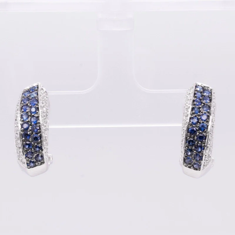 Light wood earrings-18k White Gold Pave Diamond Sapphire Curved J-Hoop Earrings 0.50ctw G VS2