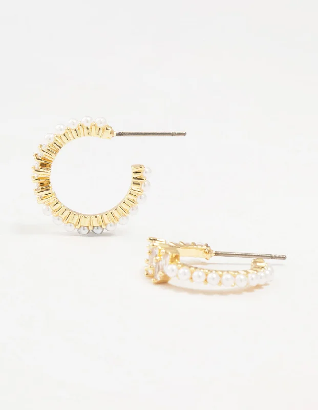 Lily motif earrings-Gold Plated Pearl & Cubic Zirconia Hoop Earrings