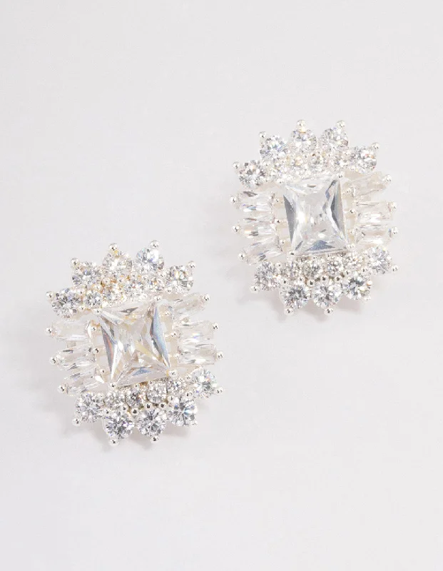 Thin threader earrings-Silver Plated Statement Cubic Zirconia Stud Earrings