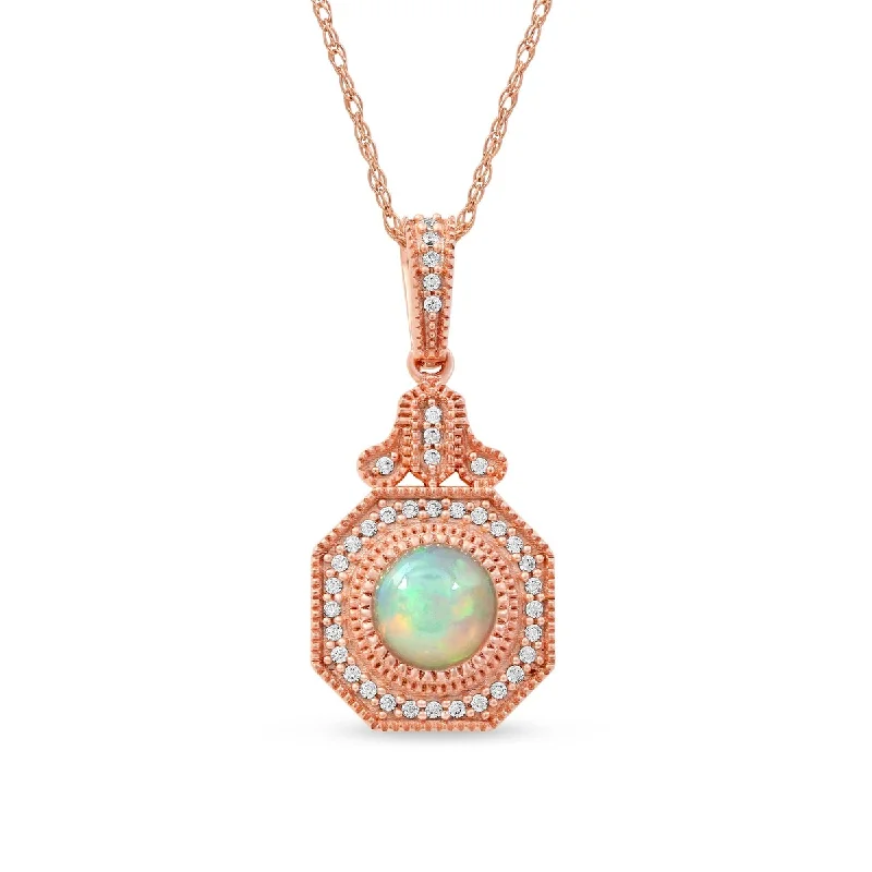 Bold cross necklaces-Opal Gemstone 1/8ct TDW Diamond Halo Pendant Necklace in 10k Rose Gold