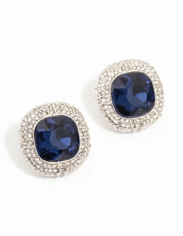 Topaz stone earrings-Silver Large Blue Diamante Stud Earrings