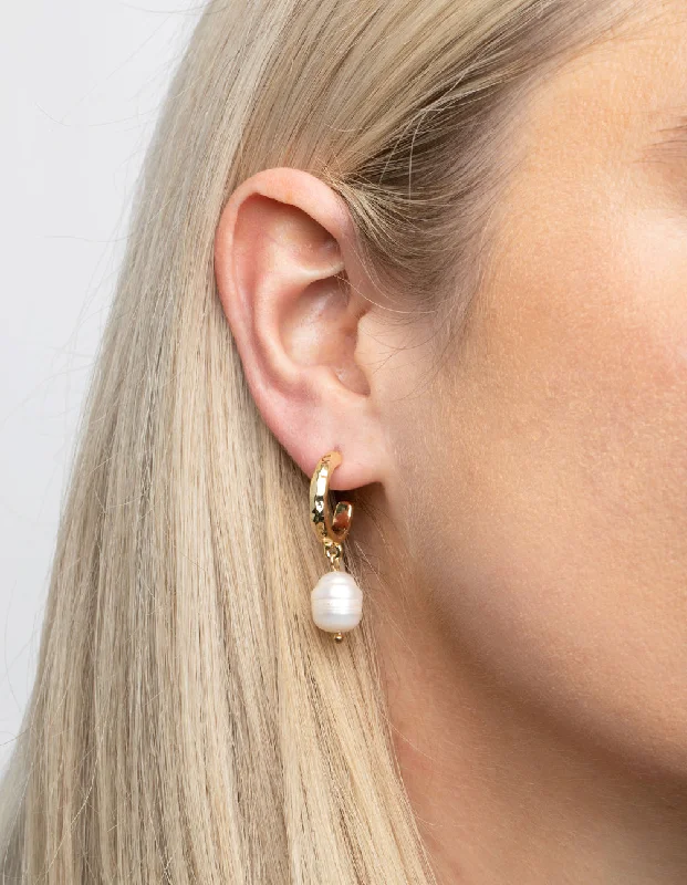 Solid ring earrings-Gold Plated Freshwater Pearl Molten Hoop Earrings