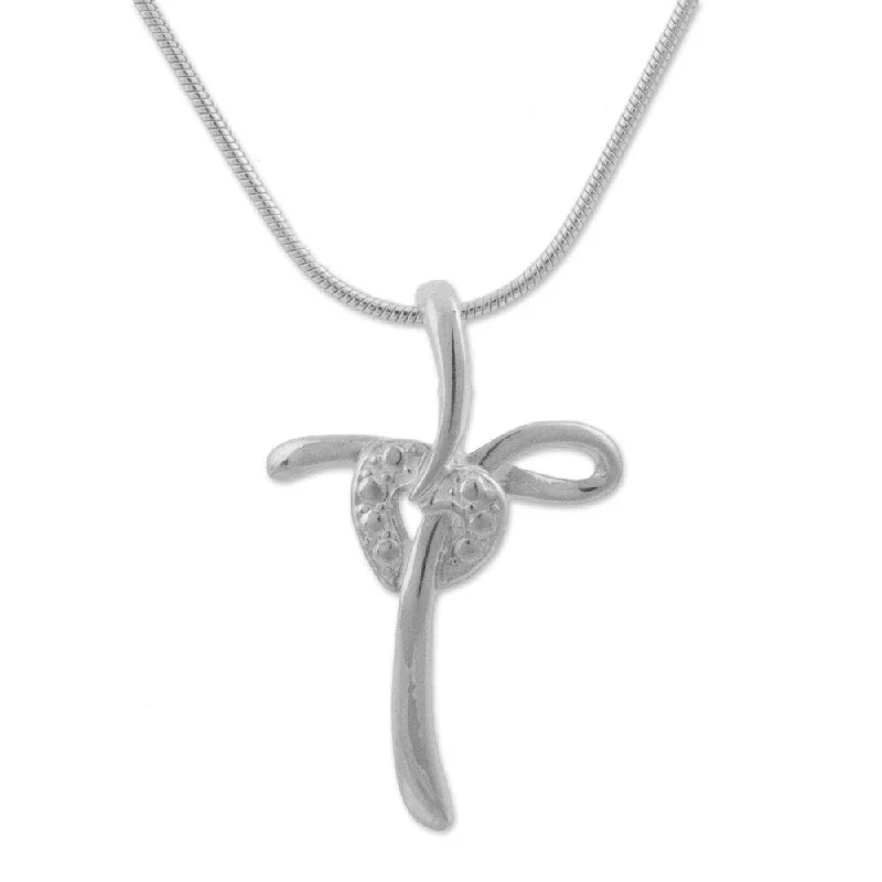 Tiny charm necklaces-Handmade Sterling Silver Pendant Necklace, 'Heart Cross' (Peru) - 7'6" x 9'6"