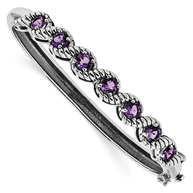 Surf bead bangles-Curata 63.1mm 925 Sterling Silver Rhodium Plated Amethyst Hinged Cuff Stackable Bangle Bracelet