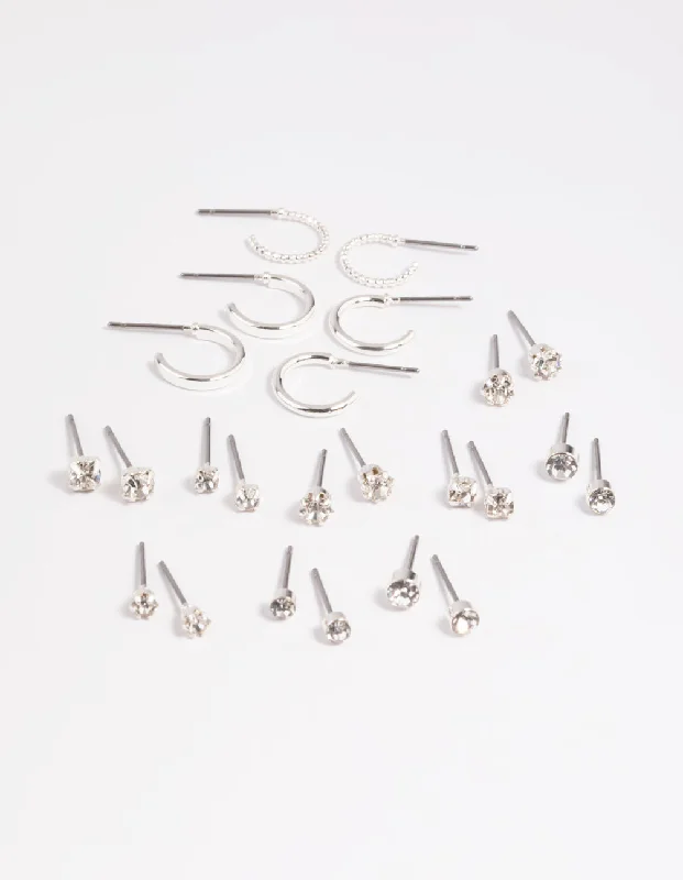 Radiant pearl earrings-Silver Diamante Stud & Hoop Earring 12-Pack