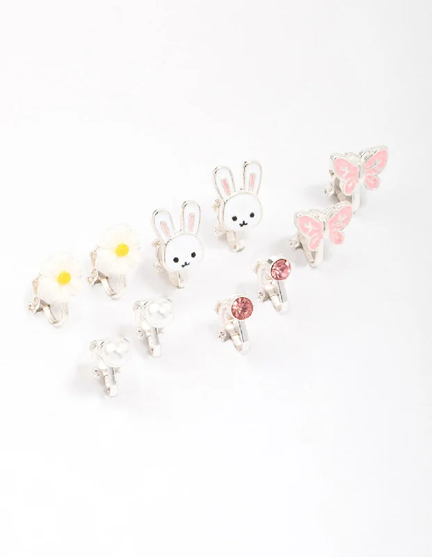 Reef knot earrings-Kids Silver Bunny & Flower Clip On Earring 6-Pack