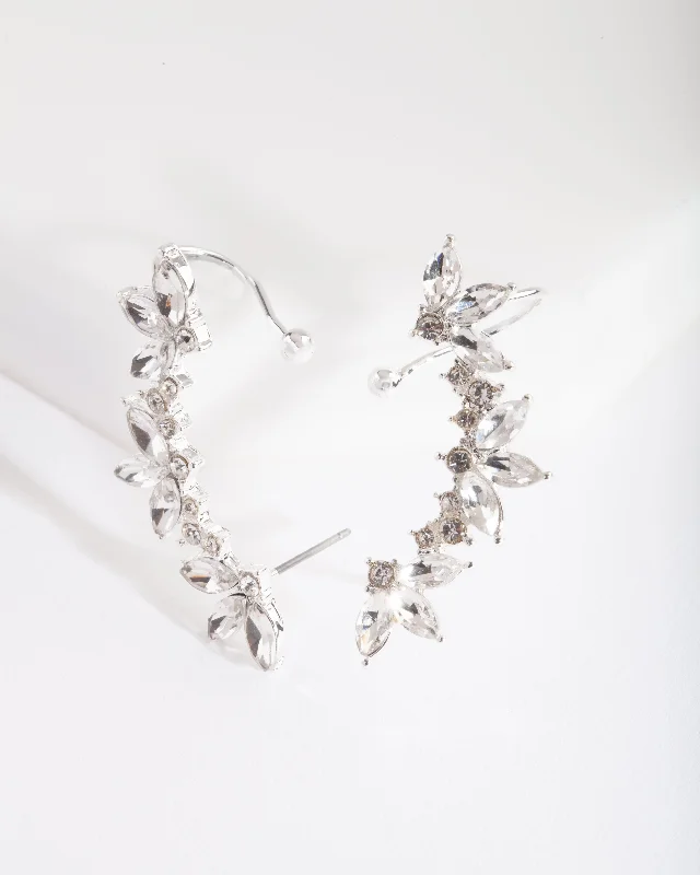 Bold cuff earrings-Silver Diamante Leaf Ear Cuff