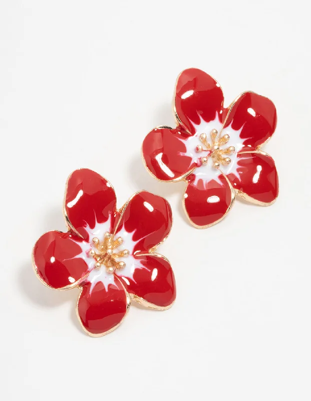 Tiny wing earrings-Gold Red Frangipani Stud Earrings