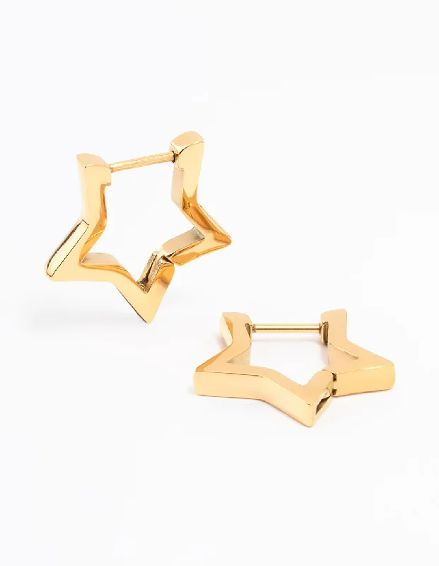 Radiant star earrings-Gold Plated Surgical Steel Star Outline Huggie Earrings