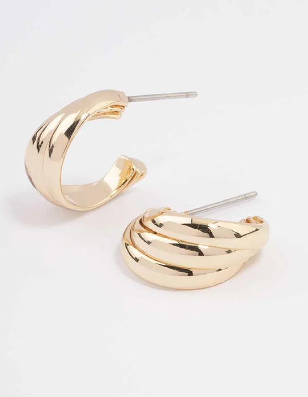 Silk fringe earrings-Gold Swirl Huggie Hoop Earrings