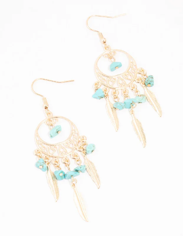 Vintage flair earrings-Turquoise Semi Precious Dream Catcher Gold Drop Earrings