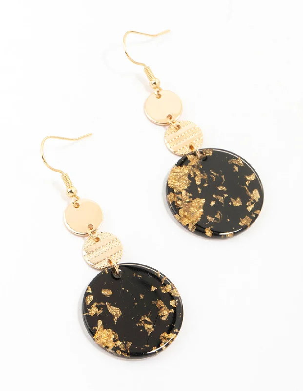 Retro clip earrings-Gold & Black Textured Printed Disc Drop Earrings